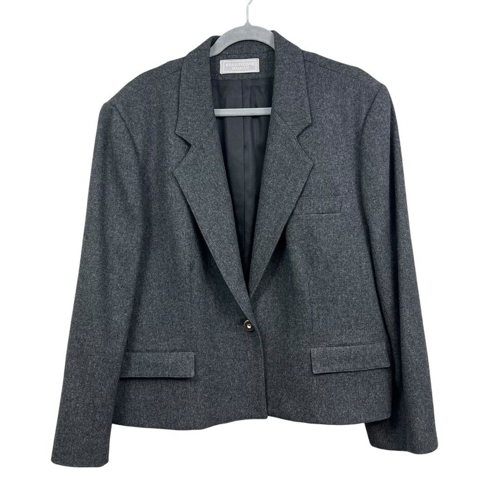 Evan Picone Womens Pure Wool Blazer Notch Collar Lined Flap Pockets Grey Sz 44*